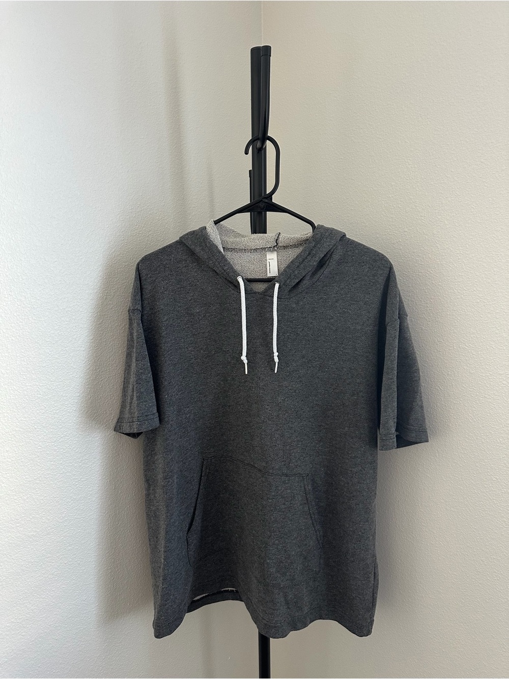American Apparel Unisex Charcoal Gray Short Sleeve Hoodie with White Drawstrings